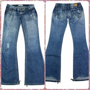 BKE Starlite Medium Wash Ultra Low Rise Distressed Patched Flare Leg Jeans - 25